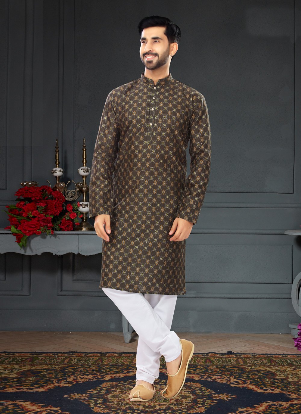 Kurta Pyjama Silk Brown Digital Print Mens