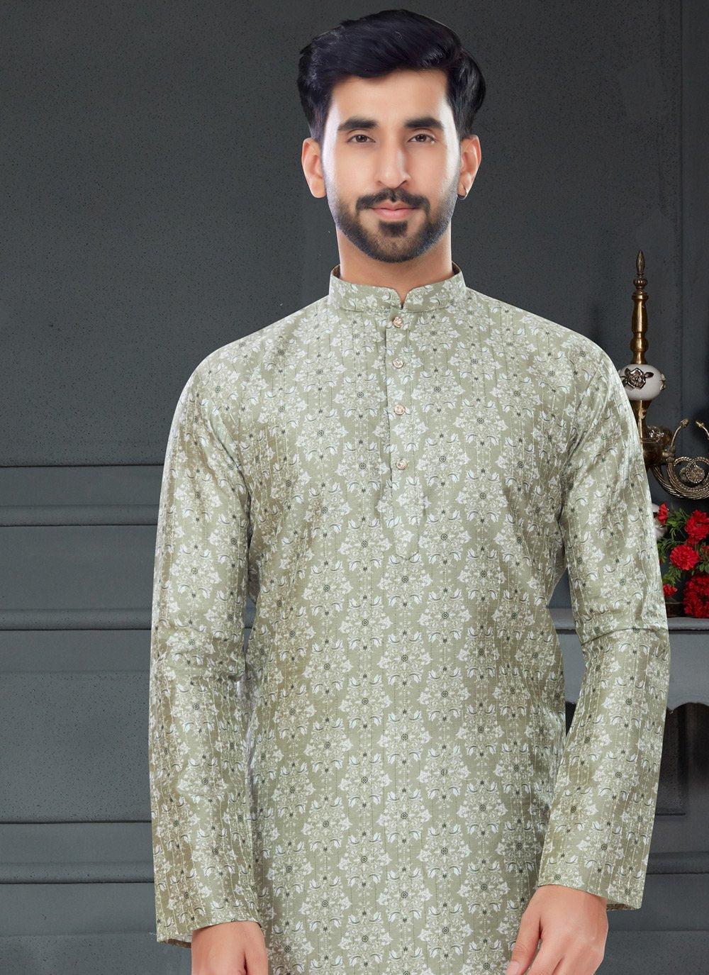 Kurta Pyjama Silk Green Digital Print Mens