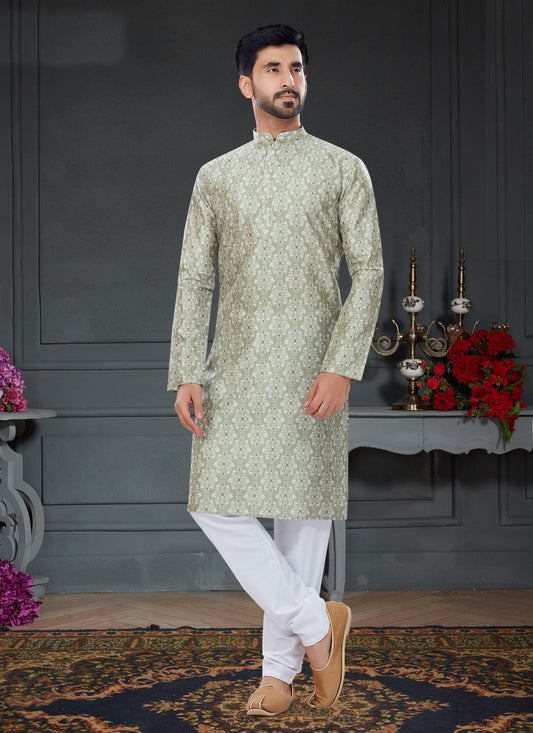 Kurta Pyjama Silk Green Digital Print Mens