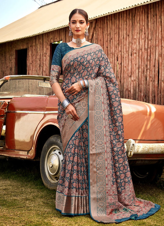 Contemporary Silk Morpeach Digital Print Saree