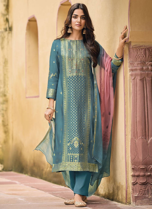 Pant Style Suit Silk Blue Digital Print Salwar Kameez