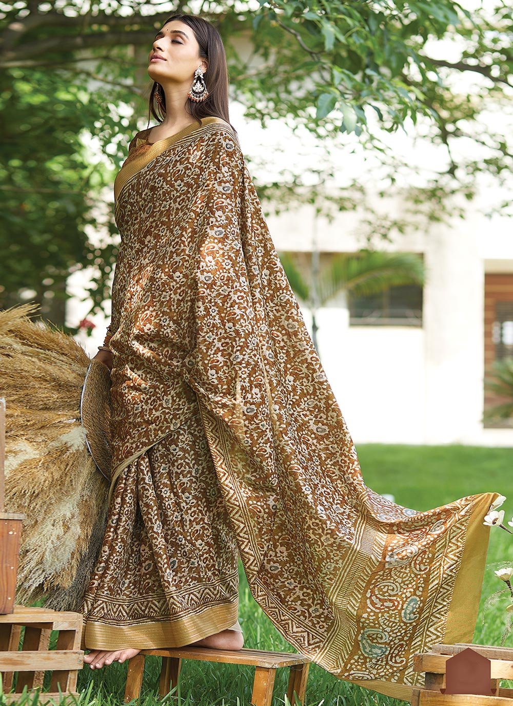 Trendy Saree Silk Brown Digital Print Saree