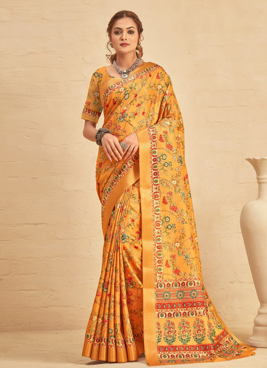 Contemporary Silk Yellow Digital Print Saree