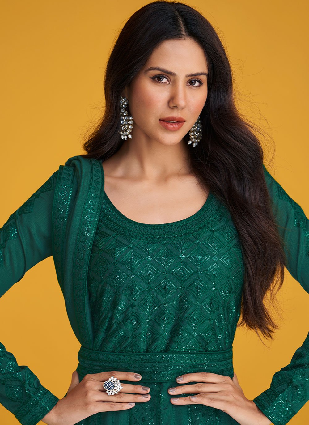 Anarkali Suit Silk Green Embroidered Salwar Kameez