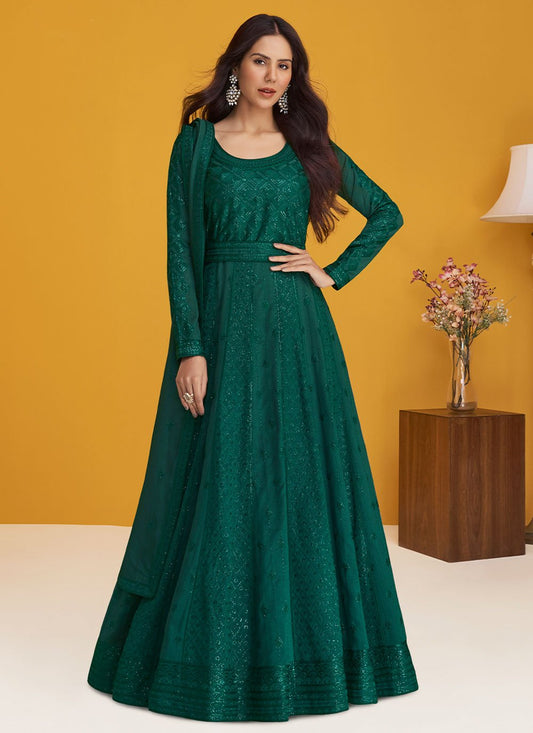 Anarkali Suit Silk Green Embroidered Salwar Kameez