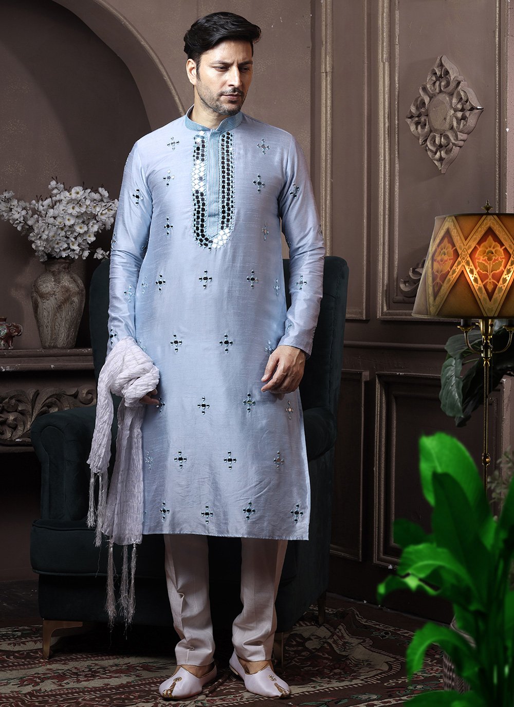 Kurta Pyjama Silk Aqua Blue Embroidered Mens