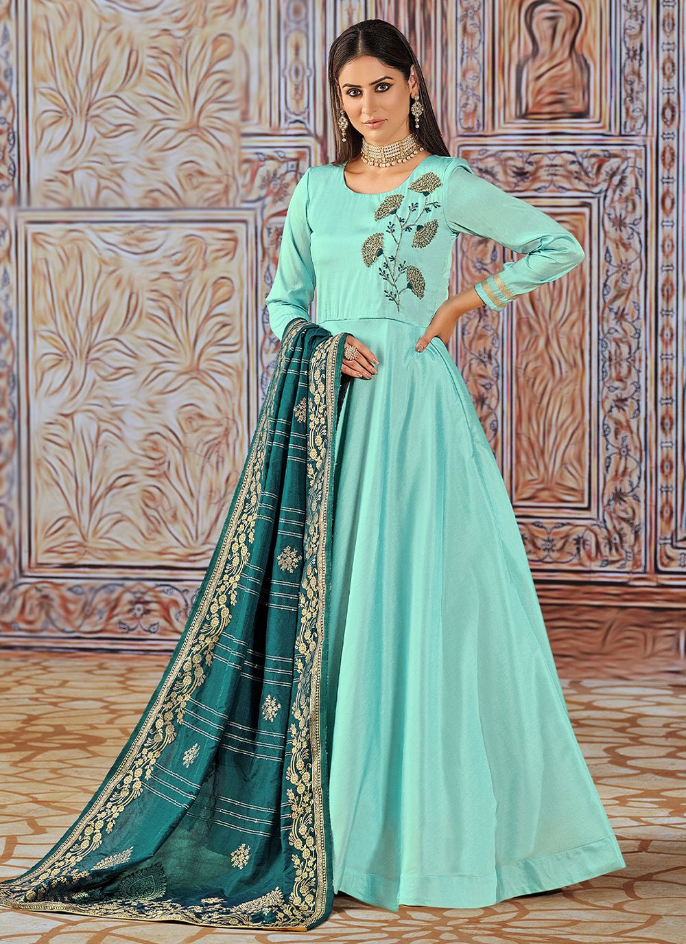 Salwar Suit Silk Aqua Blue Embroidered Salwar Kameez