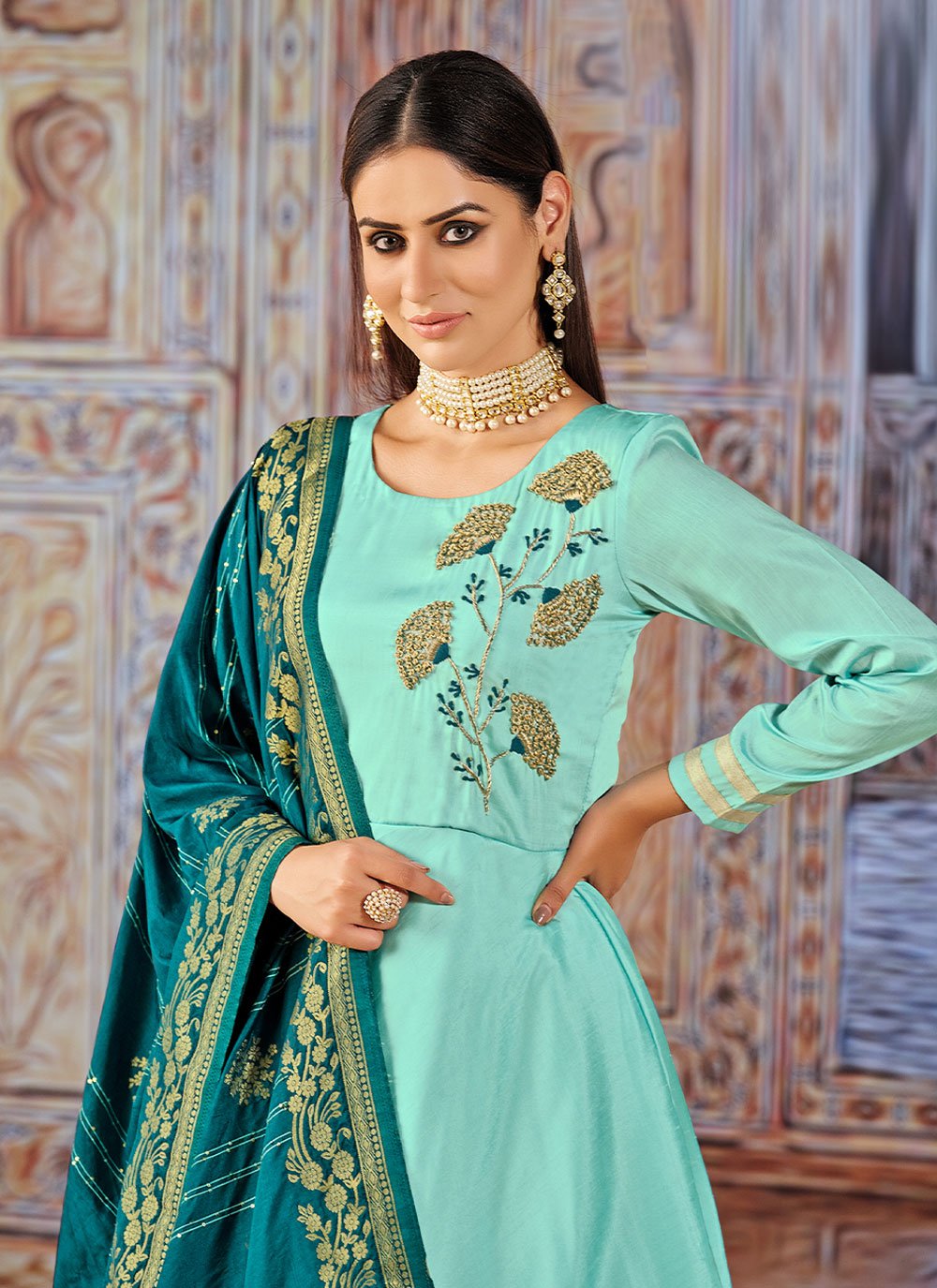 Salwar Suit Silk Aqua Blue Embroidered Salwar Kameez