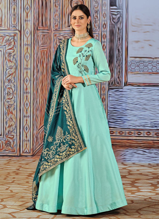 Salwar Suit Silk Aqua Blue Embroidered Salwar Kameez