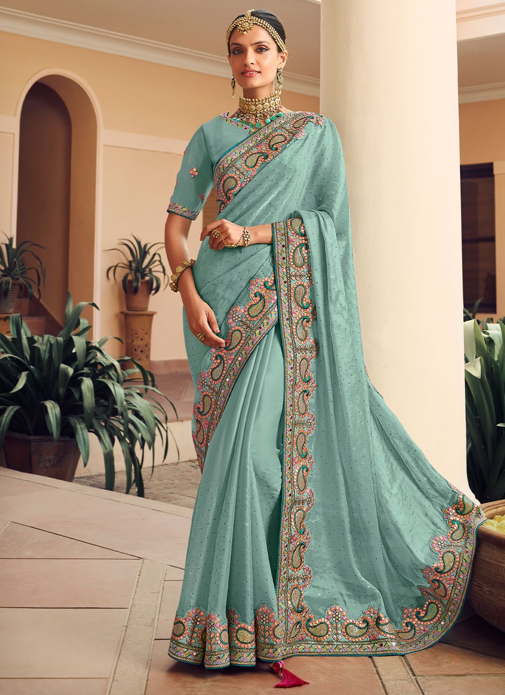 Traditional Saree Silk Aqua Blue Embroidered Saree