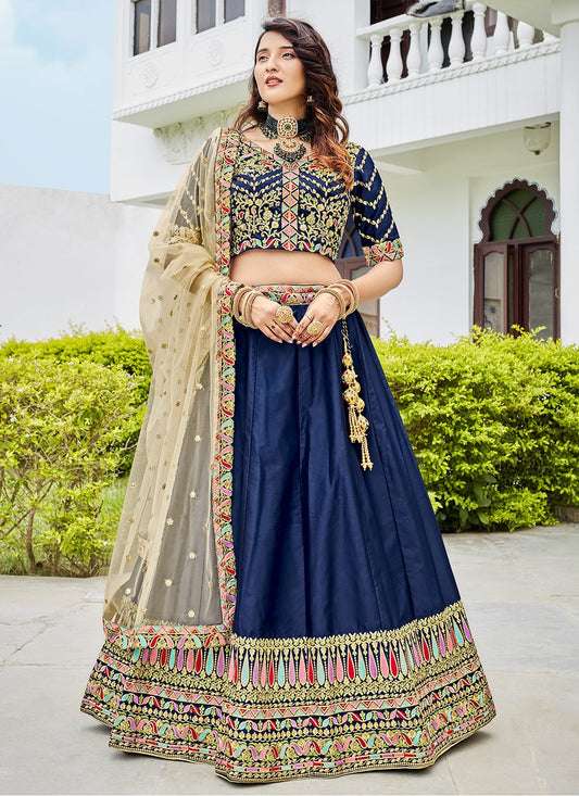 A Line Lehenga Silk Blue Embroidered Lehenga Choli