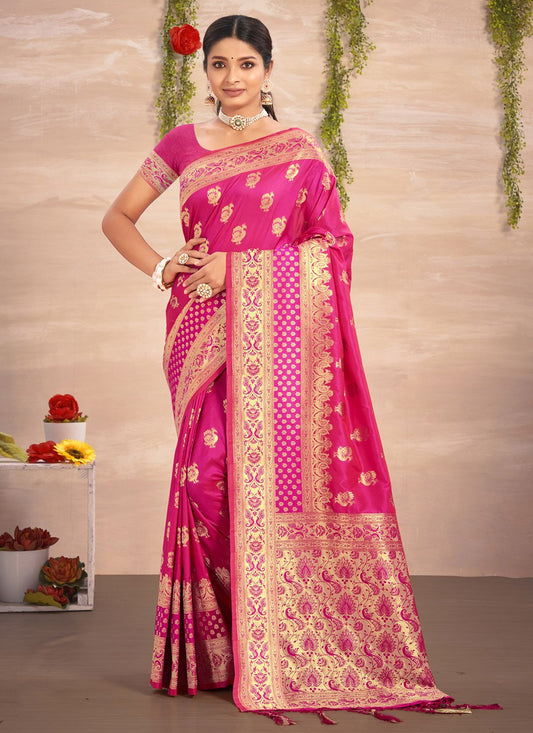 Designer Silk Fuchsia Embroidered Saree