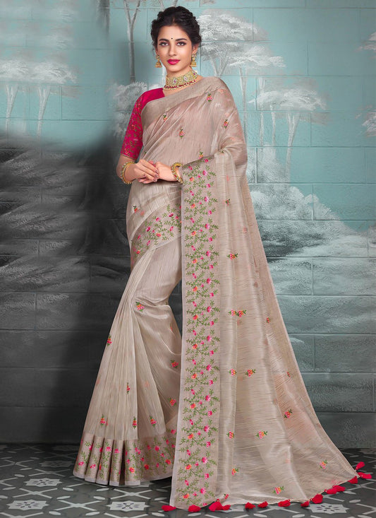 Classic Silk Tissue Brown Embroidered Saree