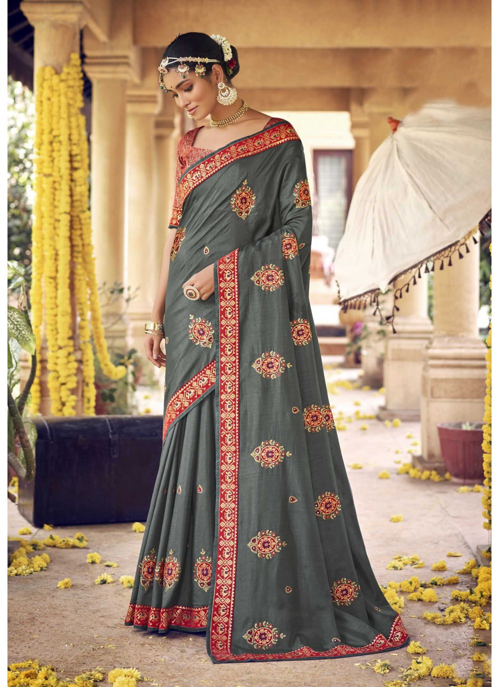 Contemporary Silk Grey Embroidered Saree