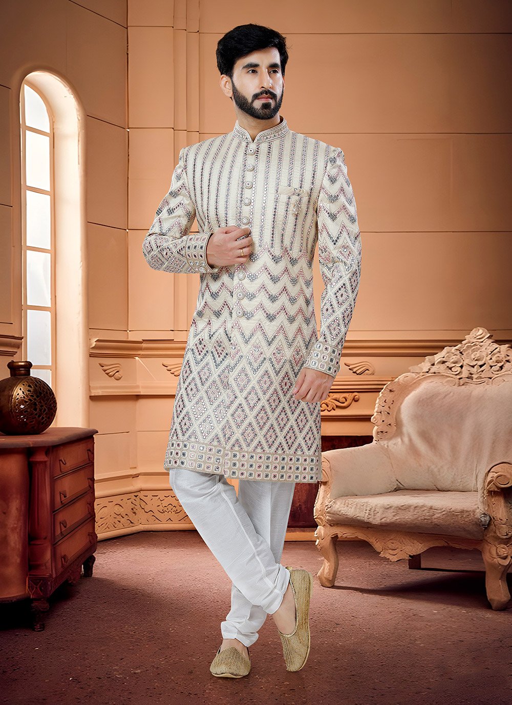 Indo Western Sherwani Silk Cream Embroidered Mens