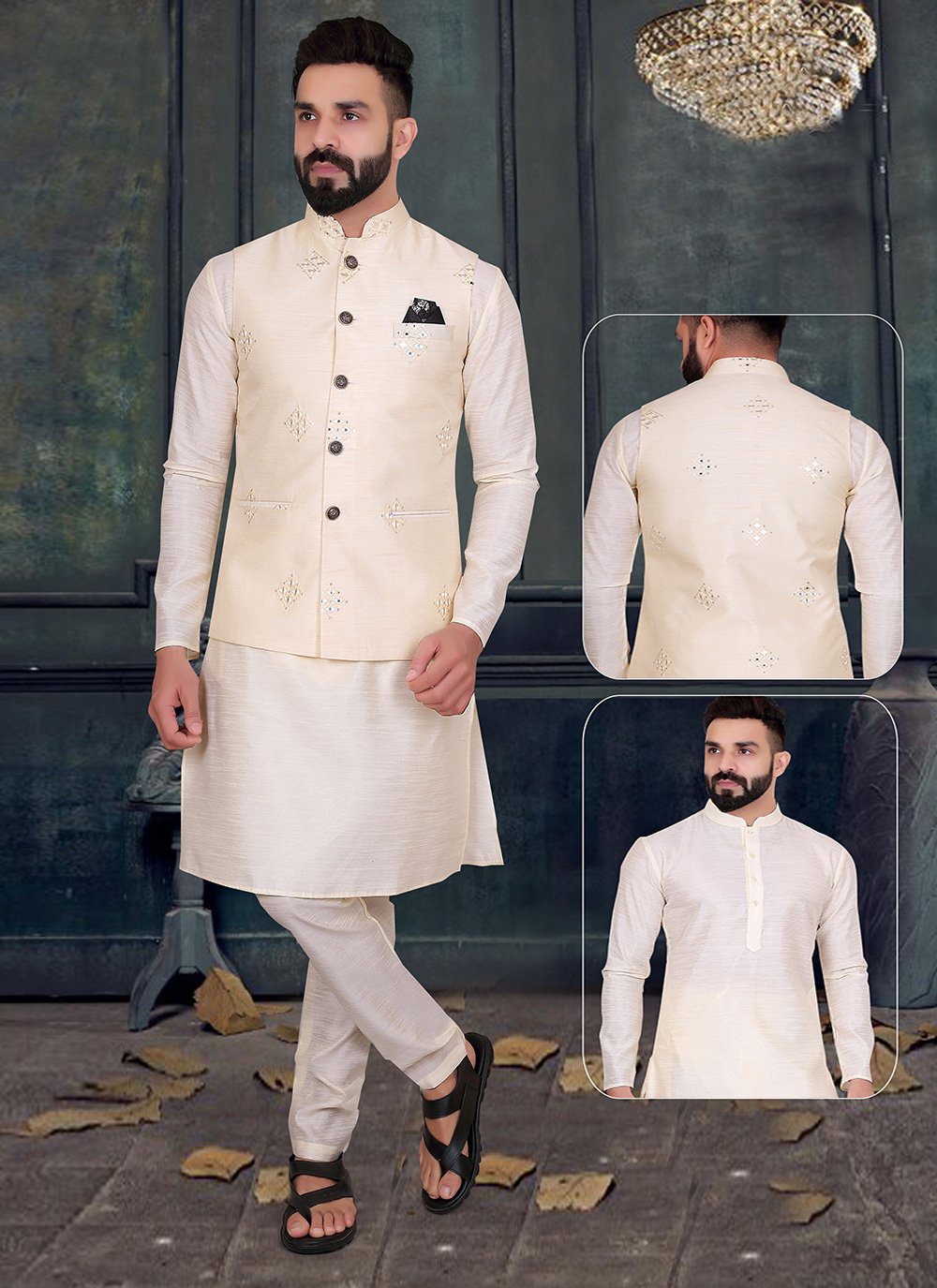 Kurta Payjama With Jacket Silk Cream Embroidered Mens