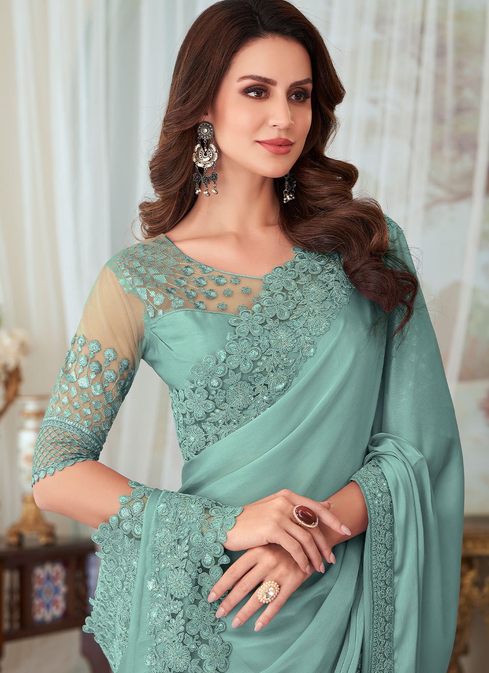 Designer Silk Sea Green Embroidered Saree