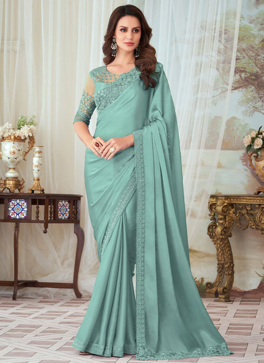 Designer Silk Sea Green Embroidered Saree