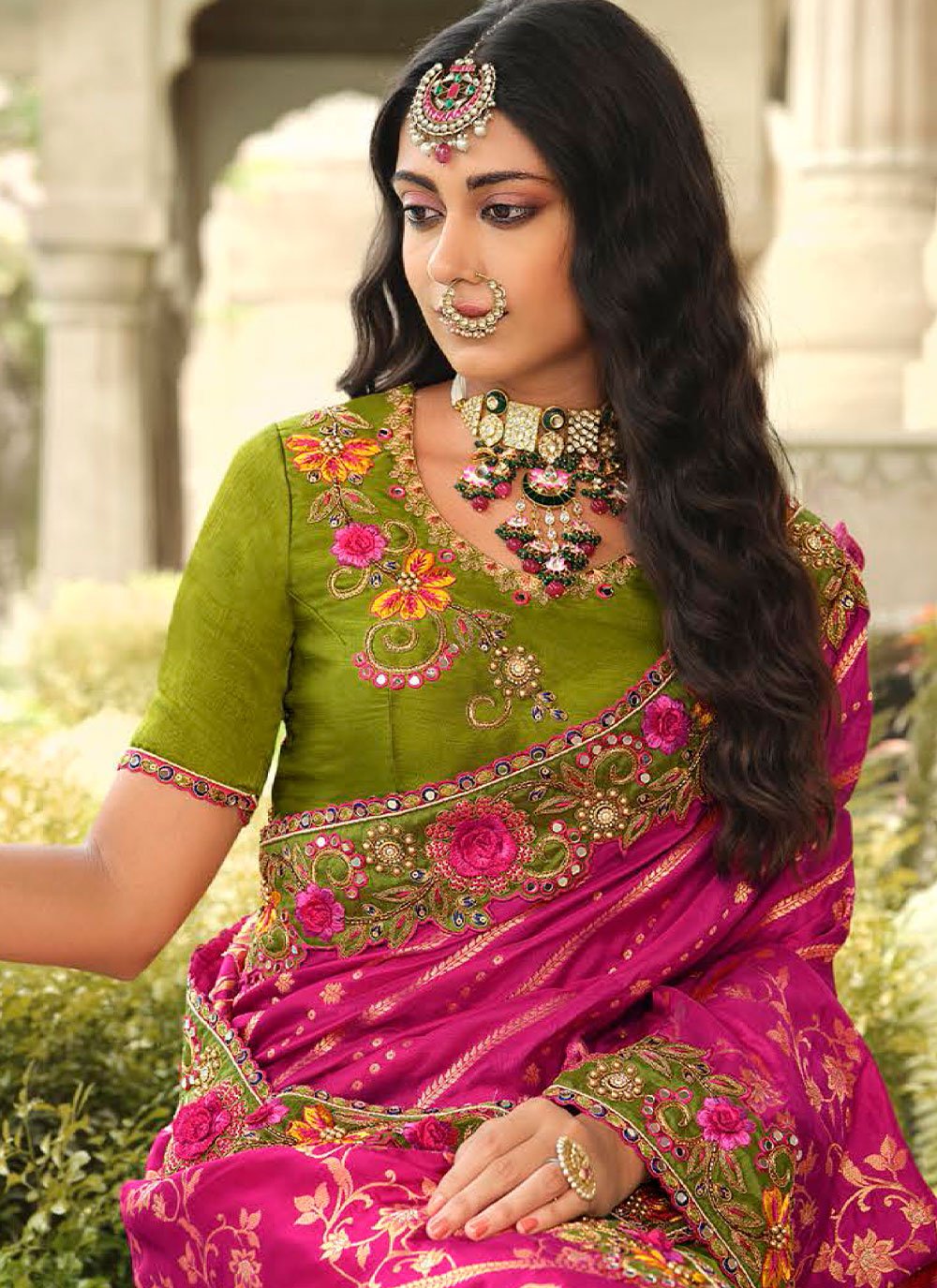 Designer Silk Green Rani Embroidered Saree