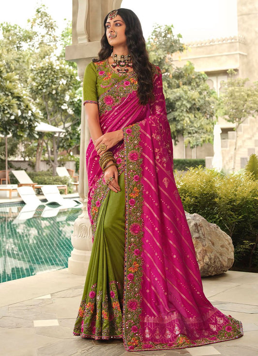 Designer Silk Green Rani Embroidered Saree