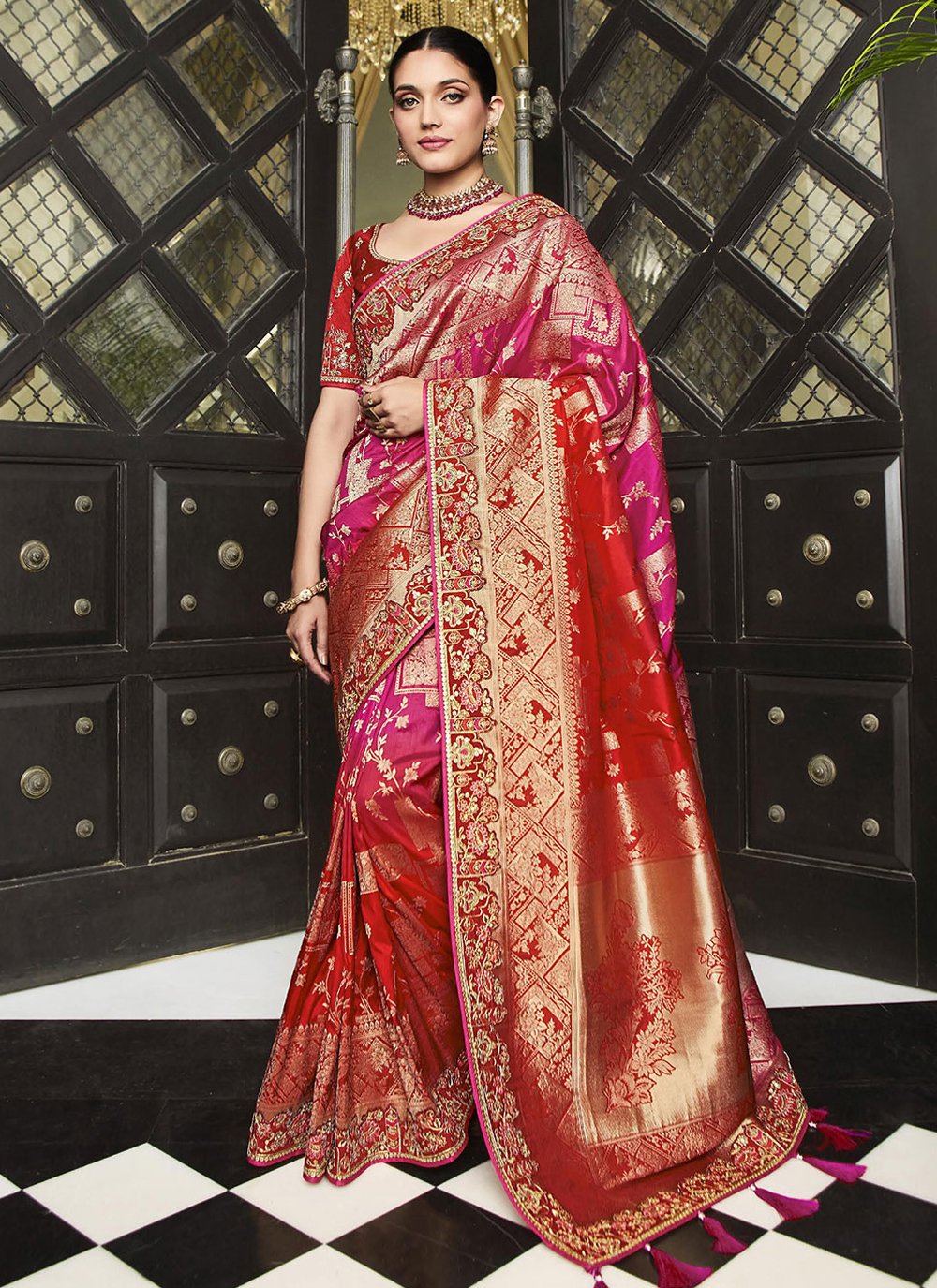 Designer Silk Pink Red Embroidered Saree