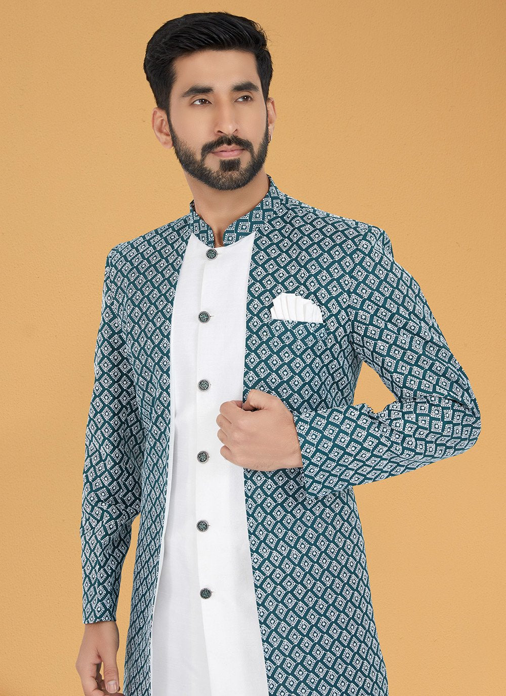 Indo Western Banarasi Silk Silk Green White Embroidered Mens