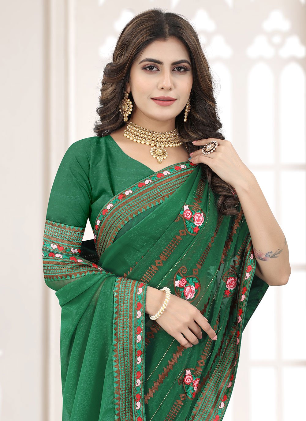 Contemporary Shimmer Silk Green Embroidered Saree