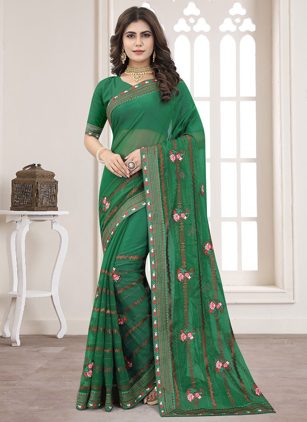 Contemporary Shimmer Silk Green Embroidered Saree