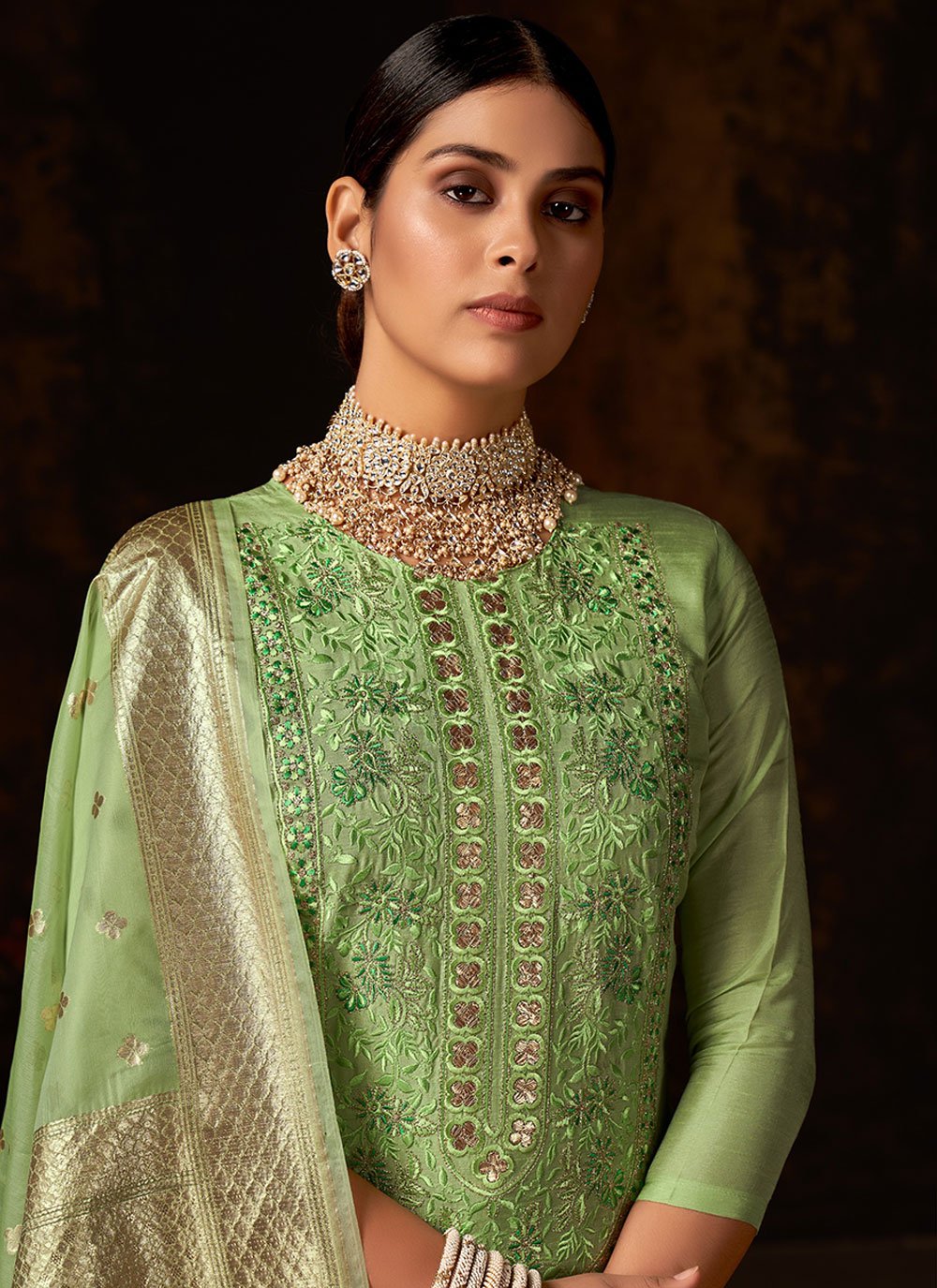 Pant Style Suit Silk Green Embroidered Salwar Kameez