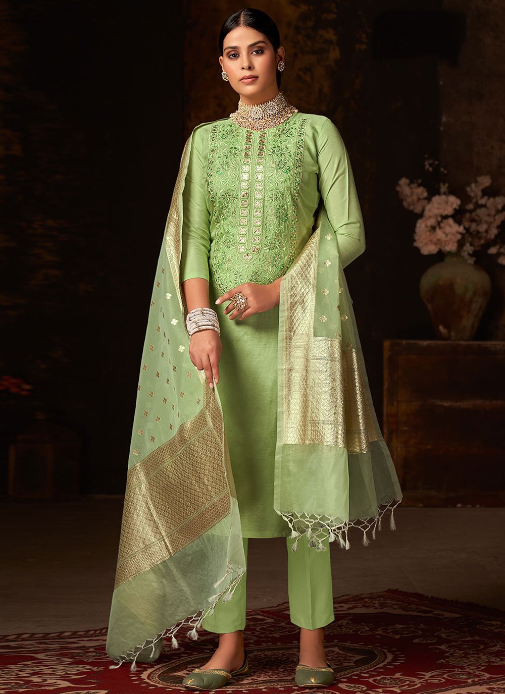 Pant Style Suit Silk Green Embroidered Salwar Kameez