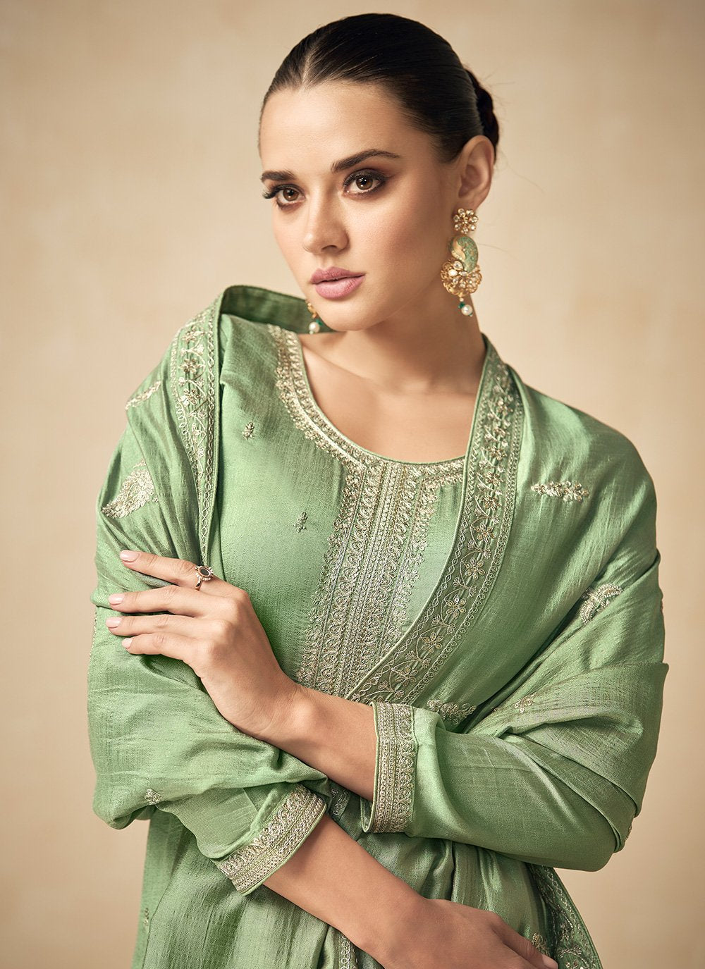 Straight Salwar Suit Silk Green Embroidered Salwar Kameez