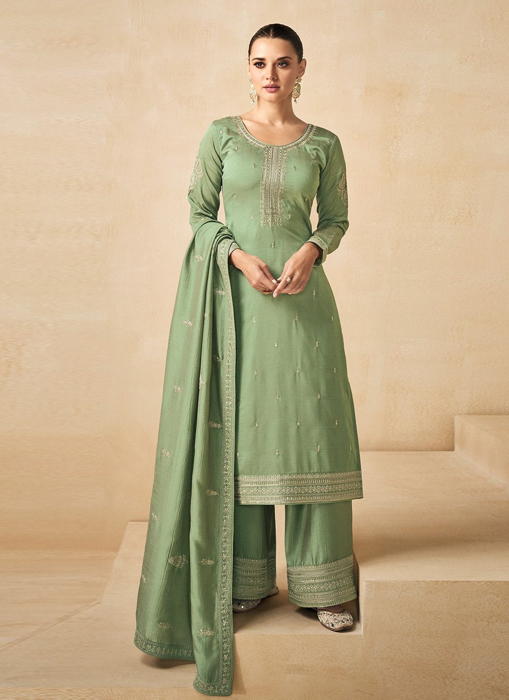 Straight Salwar Suit Silk Green Embroidered Salwar Kameez