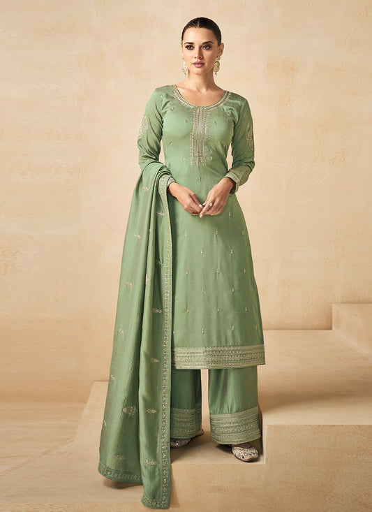 Straight Salwar Suit Silk Green Embroidered Salwar Kameez