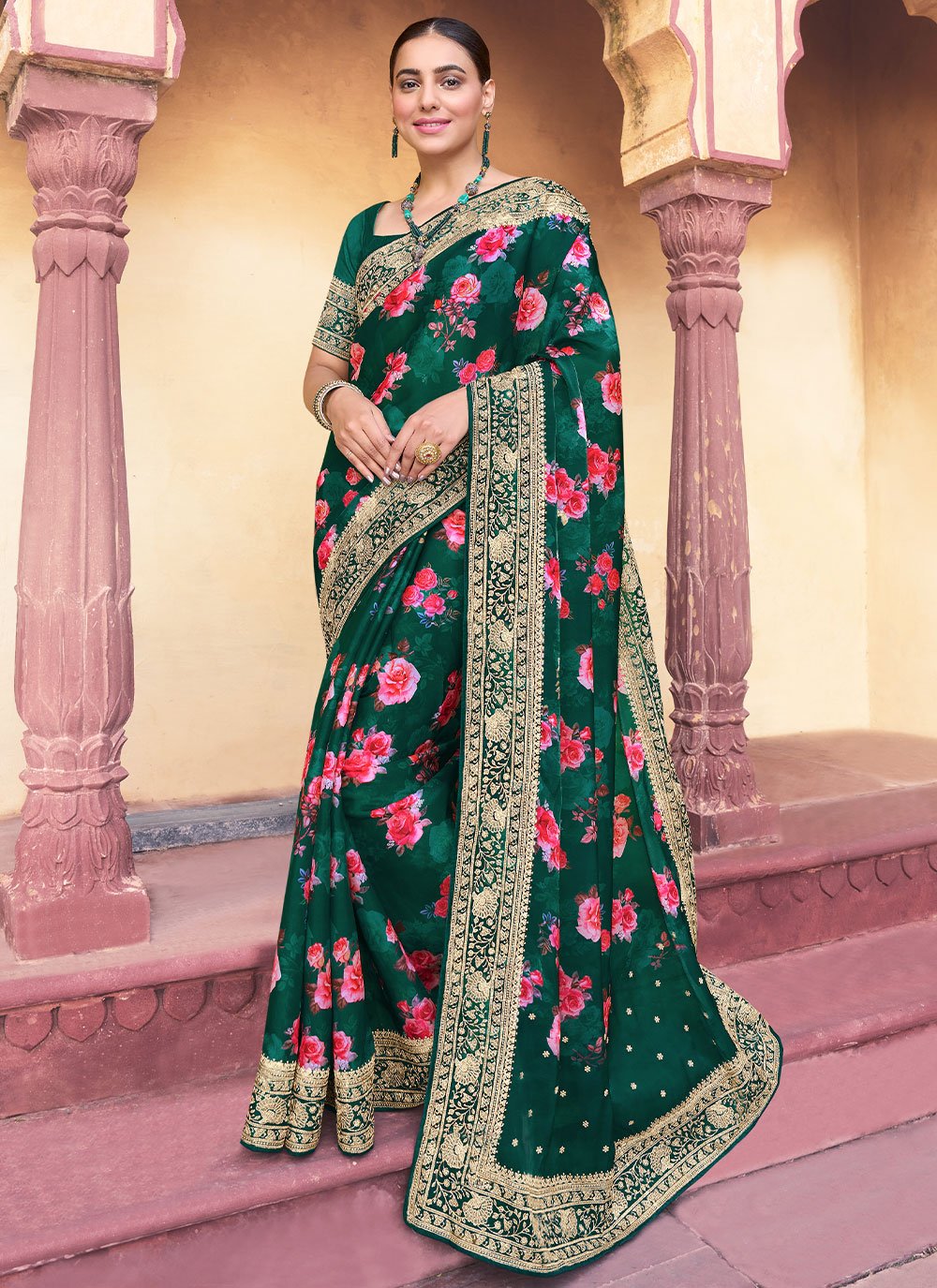 Trendy Saree Silk Green Digital Print Saree