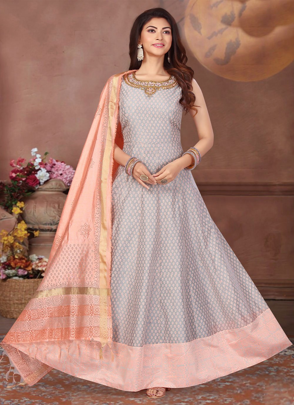 Anarkali Suit Silk Grey Embroidered Salwar Kameez