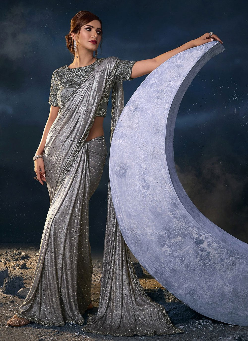 Classic Silk Grey Embroidered Saree