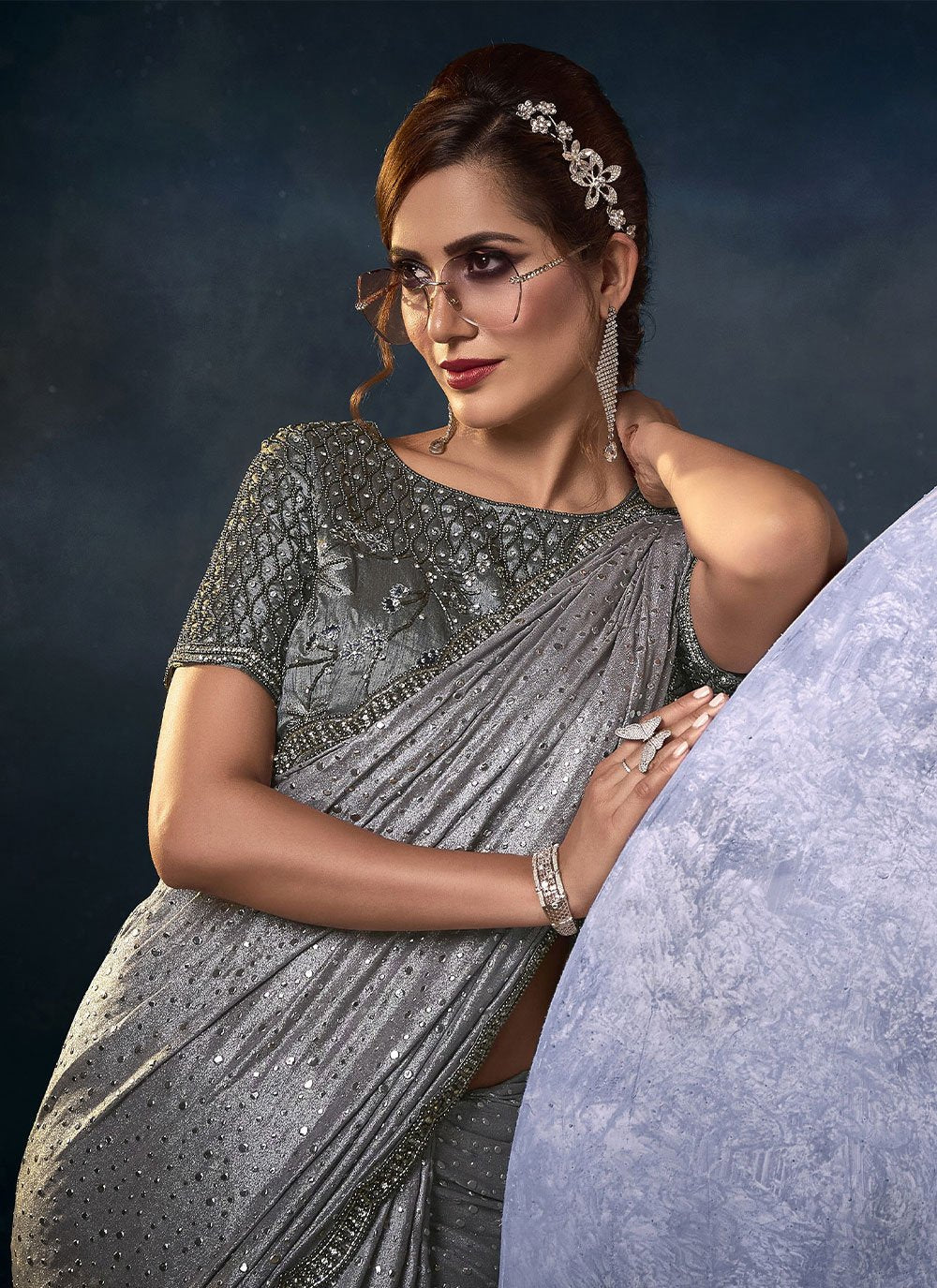 Classic Silk Grey Embroidered Saree