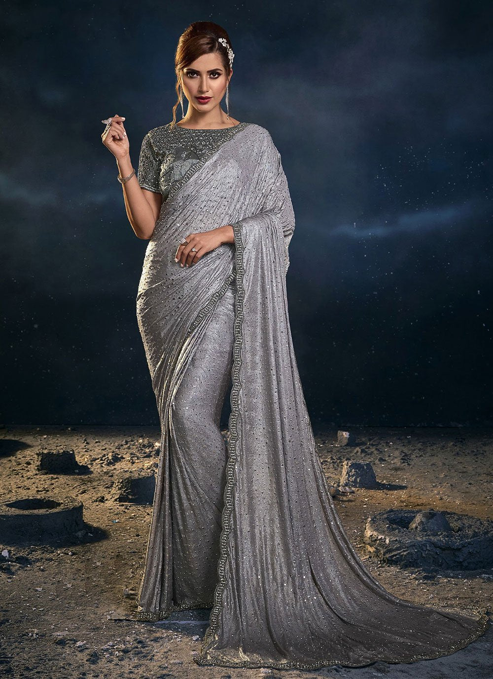 Classic Silk Grey Embroidered Saree