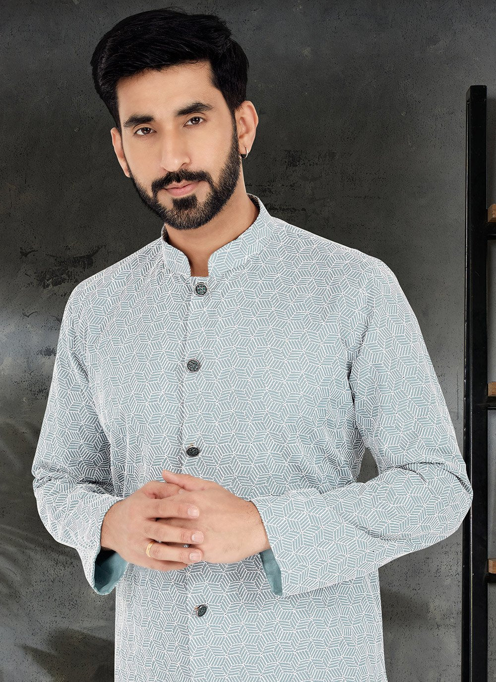 Kurta Pyjama Silk Grey Embroidered Mens