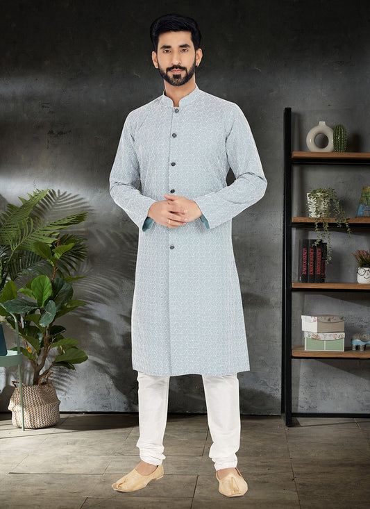 Kurta Pyjama Silk Grey Embroidered Mens