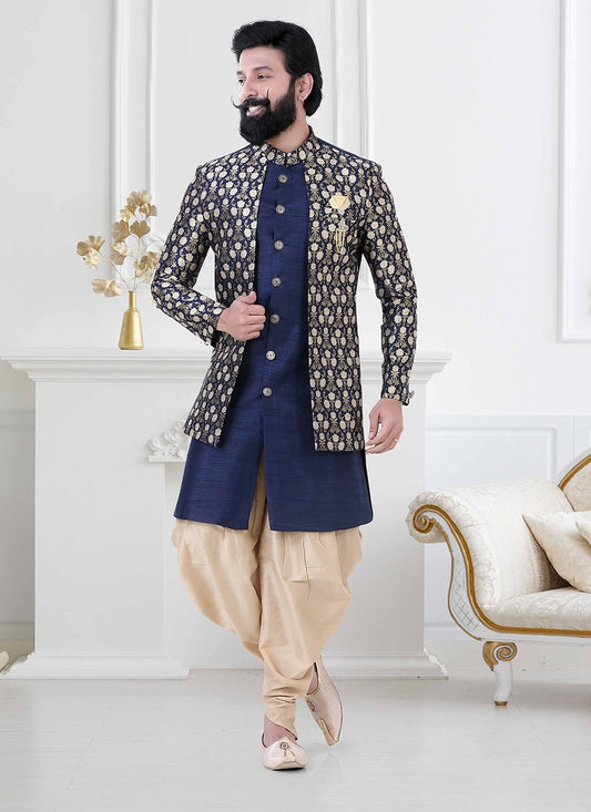 Indo Western Jacquard Silk Blue Embroidered Mens