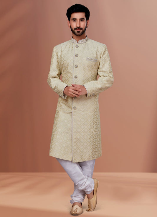 Indo Western Silk Green Embroidered Mens