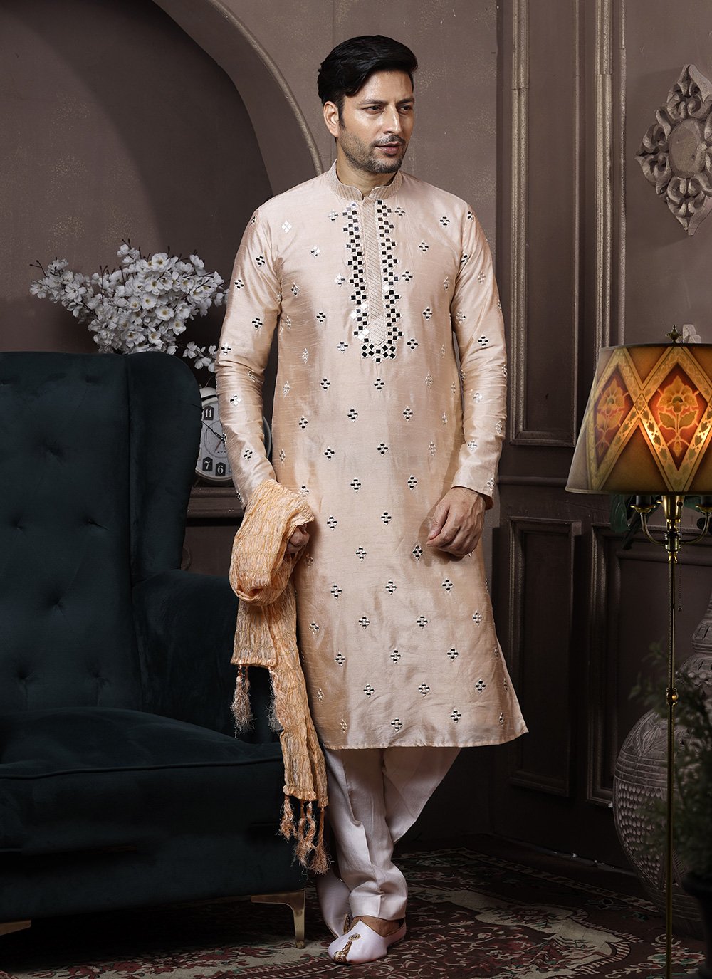 Kurta Pyjama Silk Cream Embroidered Mens