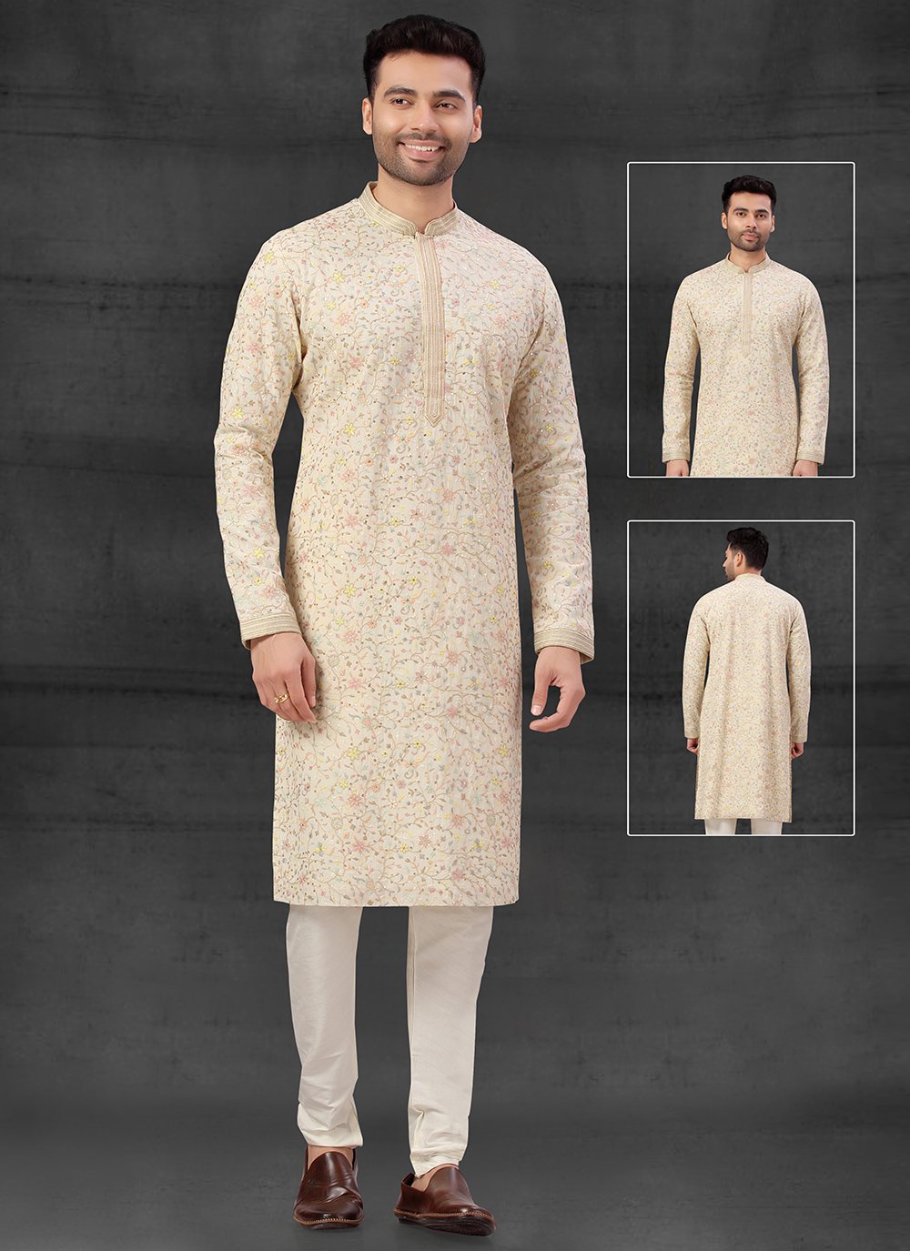 Kurta Pyjama Silk Cream Embroidered Mens