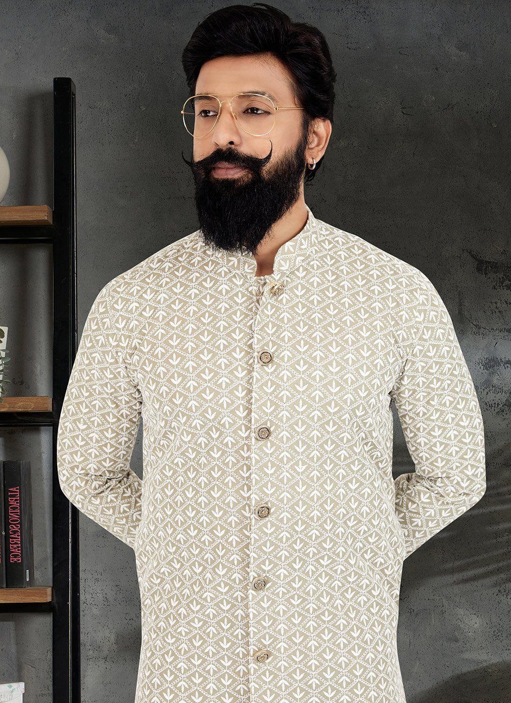 Kurta Pyjama Silk Green Embroidered Mens