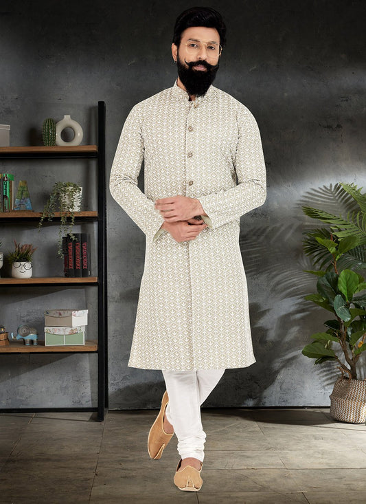 Kurta Pyjama Silk Green Embroidered Mens