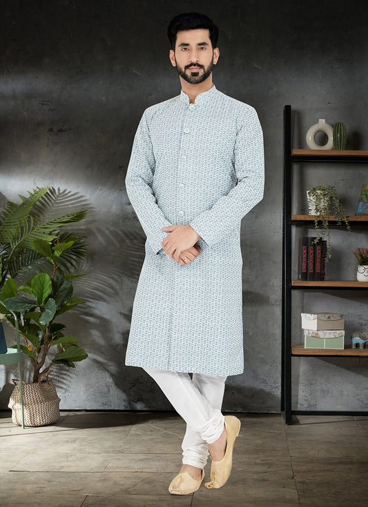 Kurta Pyjama Silk Sea Green Embroidered Mens