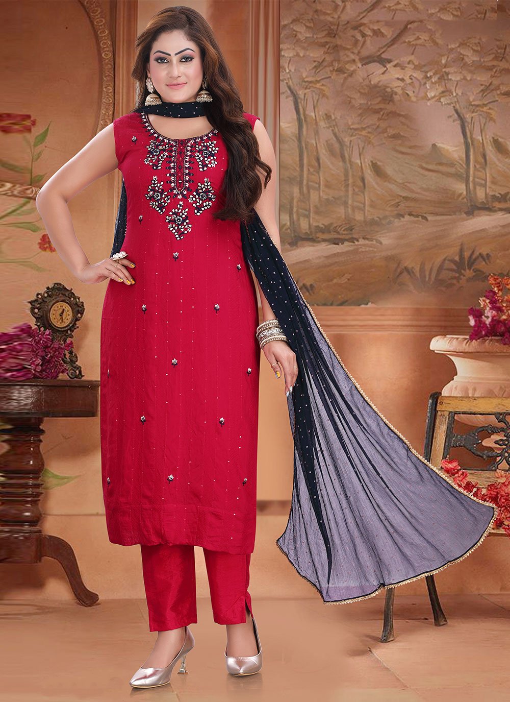 Straight Salwar Suit Silk Maroon Embroidered Salwar Kameez