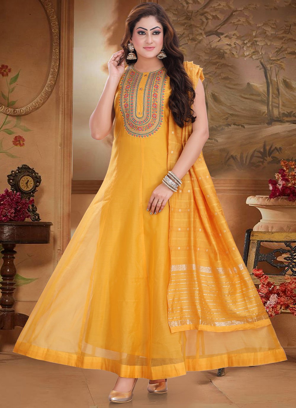 Anarkali Suit Silk Mustard Embroidered Salwar Kameez