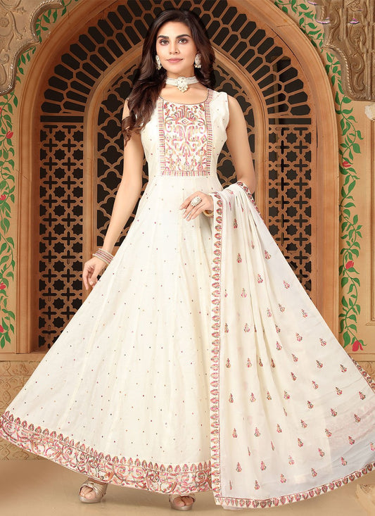 Salwar Suit Silk Off White Embroidered Salwar Kameez